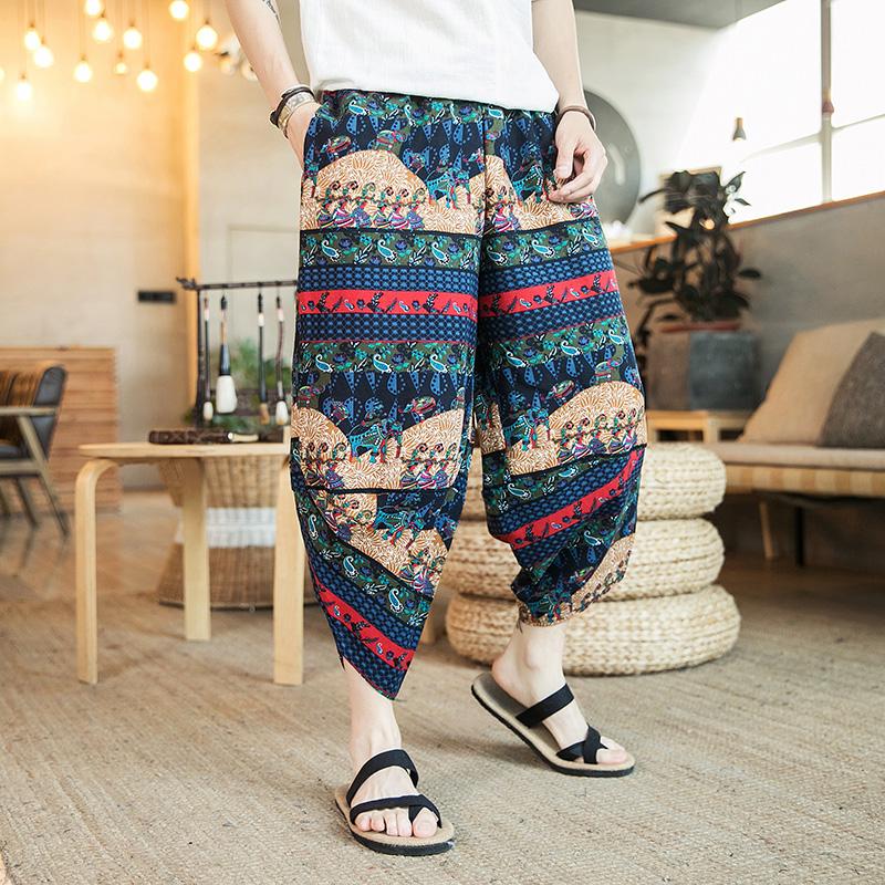 

100% Linen Men Harem Pants Print Retro Drop Crotch Joggers Cotton Trousers Men Baggy Loose Nepal Thailand Style Casual Pants, Style 10