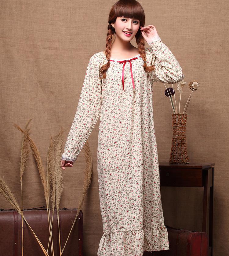 

Spring autumn ladies long sleeves 100% cotton small flower long loose garden princess style nightdress sleepwear home wear