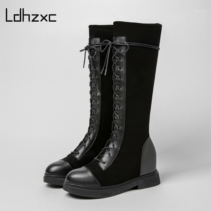 

LDHZXC 2021 Square Heel All Match Knee High Boots Autumn Winter PU Women Shoes Ladies Long Boots Big Size 34-431, Black