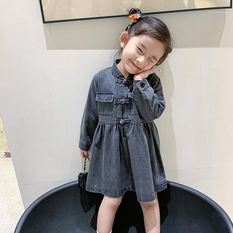 

2 4 6 8 years old children's baby girl autumn and winter cotton denim girl dress long sleeve girls jeans dress1, Denim blue