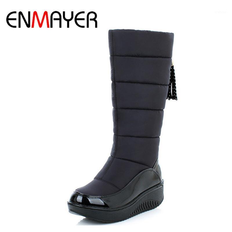 

ENMAYER 2020New Arrive Winter Warm Snow Boots Fashion Platform Fur Cotton Shoes Flats Heels Knee High Boots Women PU Shoes1, Black