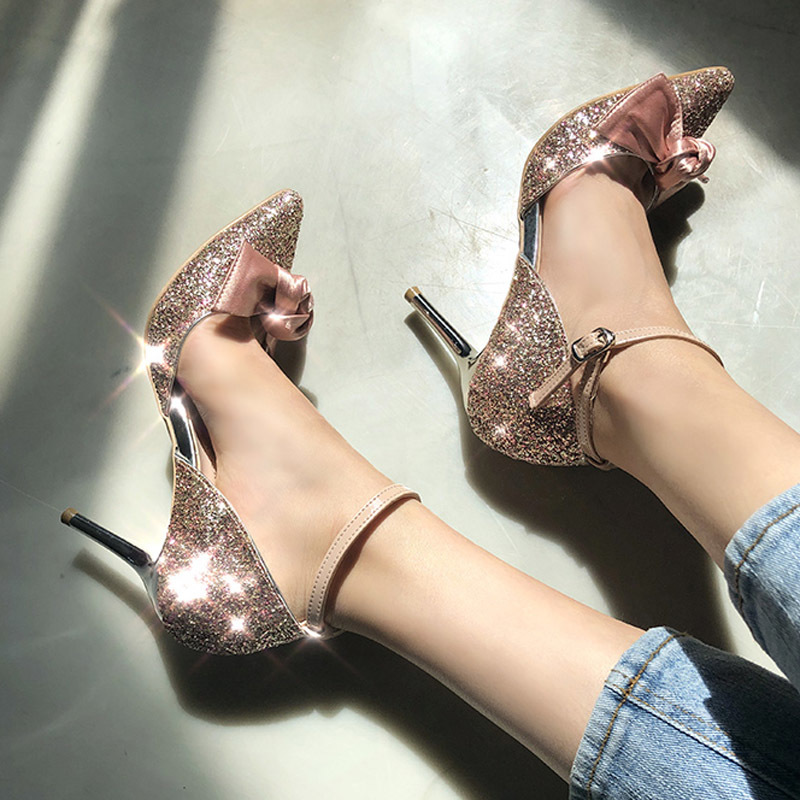 

2021 New Slippers Sweet Butterfly Knot Unique Flat-footed Bridesmaid's Heels Fine Women's Shoes Lapl, Heels eight cm