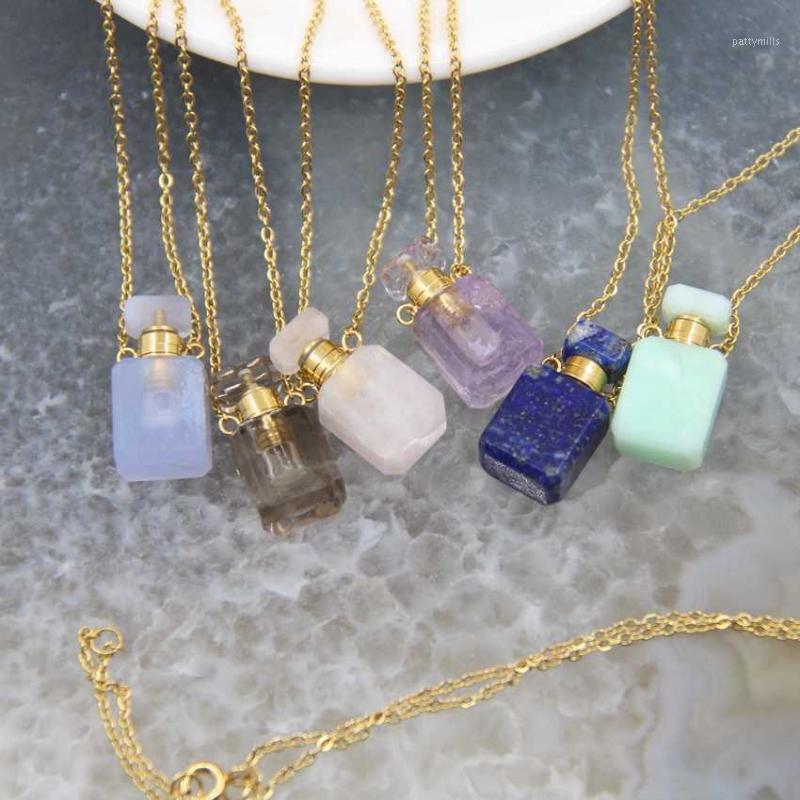 

Charms Plated Gold Chains Small Perfume Bottle Natural Gems Stone Pendants,Lapis Quartz Essential Oil Diffuser Vial Necklace Charms1