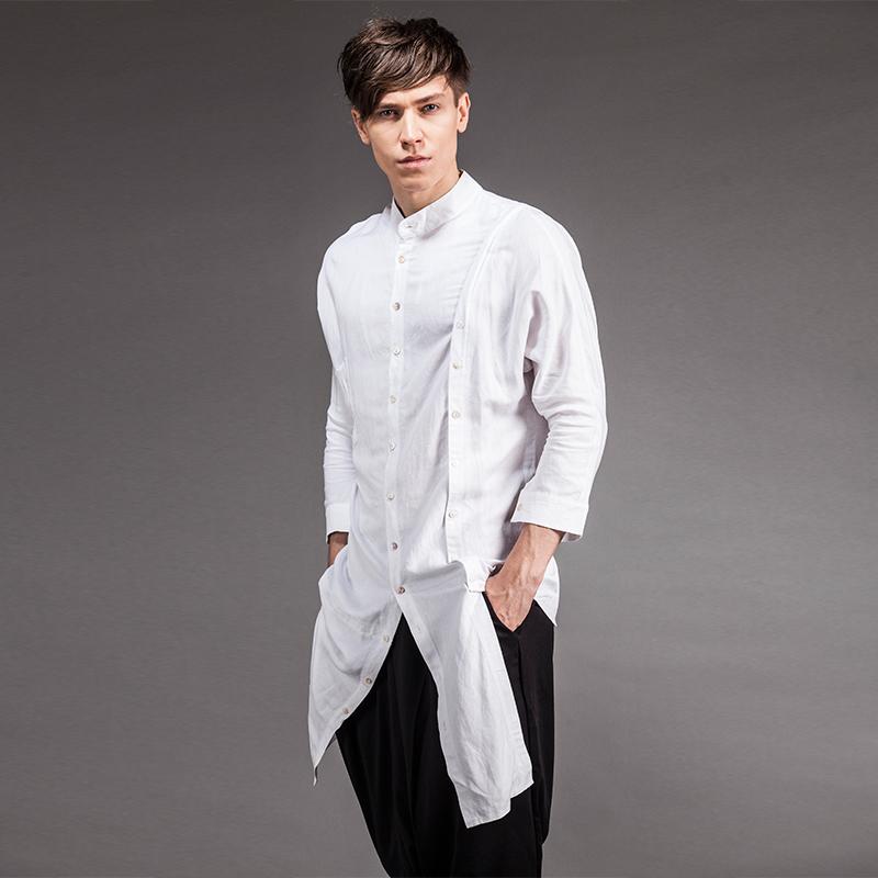 

2021 men's clothing summer double breasted asymmetrical long shirt design three quarter sleeveFlax singer's clothing, Black