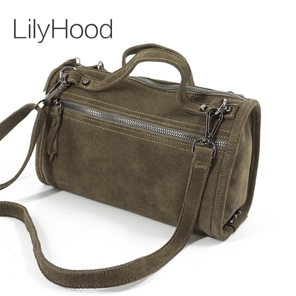 

LilyHood Female Suede Genuine Leather Rivet Shoulder Bag For Women Leisure Small Boston Handbag Nubuck Bowler Crossbody Bag C0121