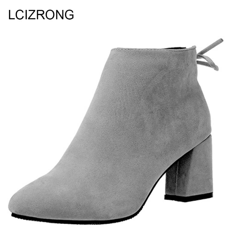 

LCIZRONG Winter Fashion 6.5CM High Heel Boots Women Flock Sexy Pointed Toe Ladies Ankle Boots Butterfly-knot Zipper Black Shoes, Red