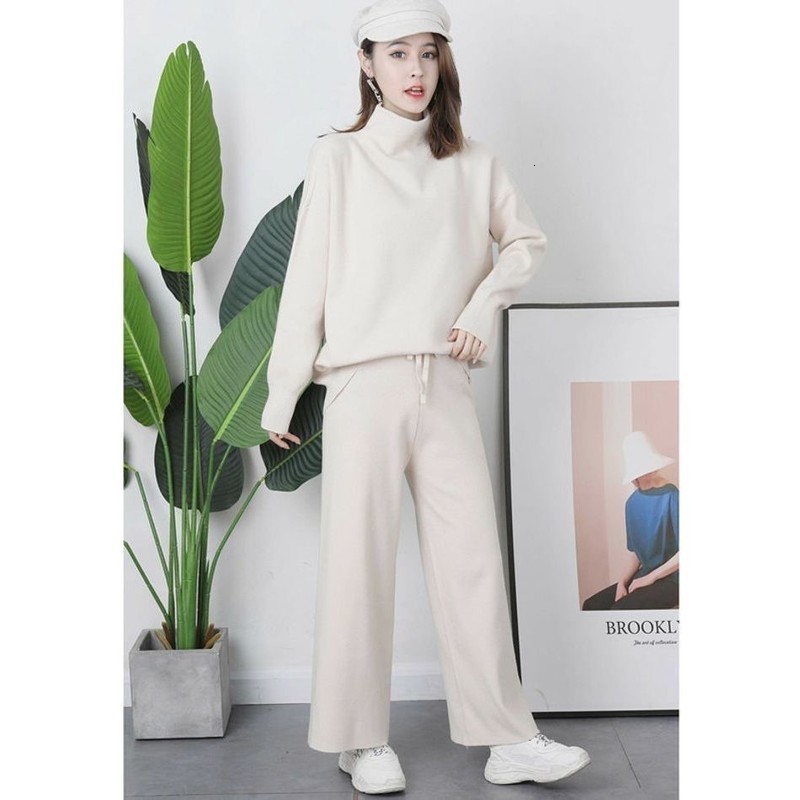 

2021 New Female Sportswoman Two-piece Solid Knitted Suits Knit Knitting Hoodie Empire Waist Wide Leg Women's Pants Winter Fashion OKZE, Gray.