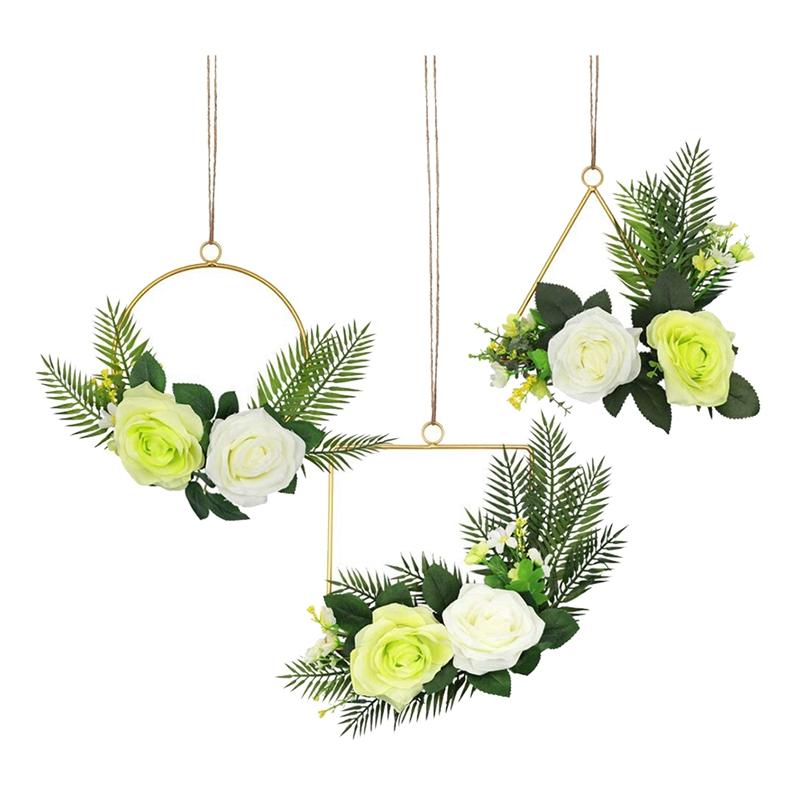 

Artificial Rose Floral Hoop Wreath with Leaves Set of 3 Metal Geometric Frame for Oor Nursery Home Wedding Decoration, Green