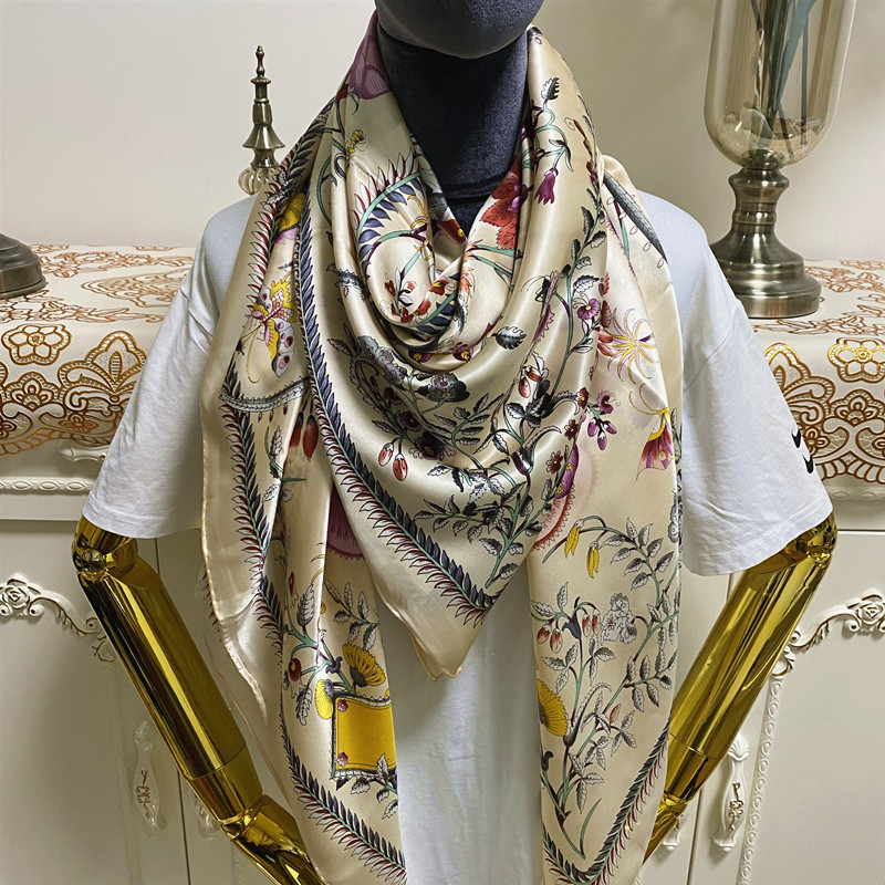 

New style good quality 100% silk material print flowers pattern square scarves for women size 130cm - 130cm