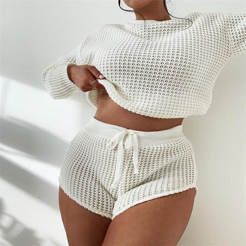 

Autumn Women' Casual Sweater Two Piece Set Hollow Knitted Dresses Long Sleeve Pullover Tops Blouses with High Waist Shorts, White