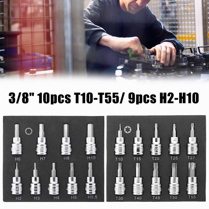 

9/10Pcs 3/8 Inch Drive Socket Set T10-T55 Torx Socket H2-H10 Hex Bit Set Universal Metric Repair Power Tool Kit
