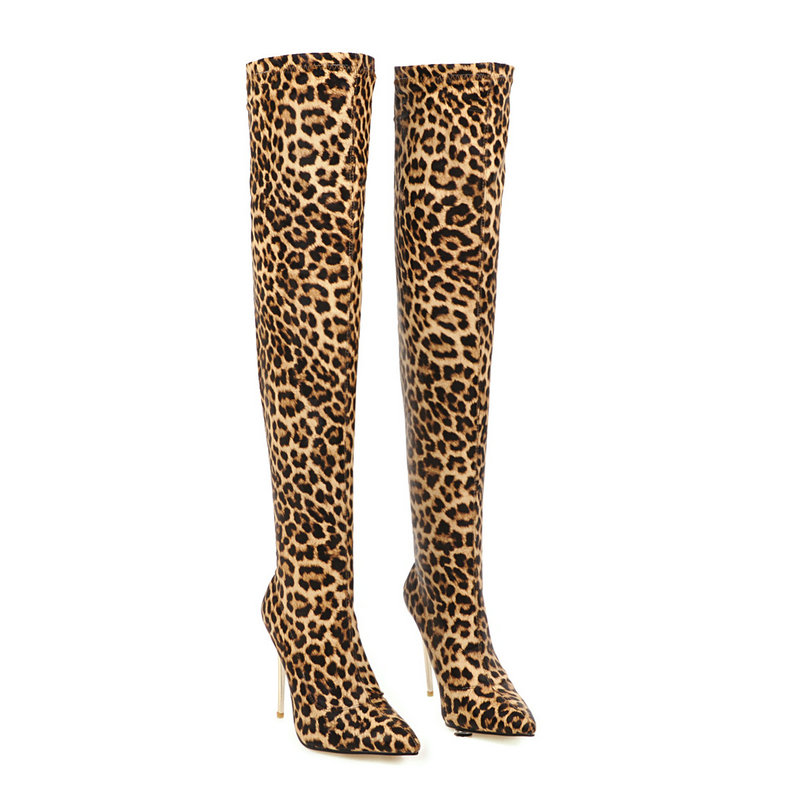 

Women Over The Knee High Boots Super High Heeled leopard Socks Boots Autumn Winter Warm Long Shoes Woman Plus Size 43, Black