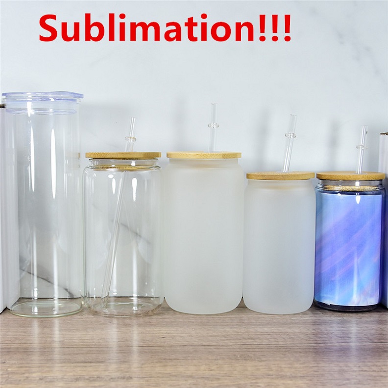 

16oz Sublimation Glass Beer Mugs Glass Water Bottle Beer Can Glass Tumbler Drinking Glasses With Bamboo Lid And Reusable Straw Iced Coffee Glasses 12oz 16oz