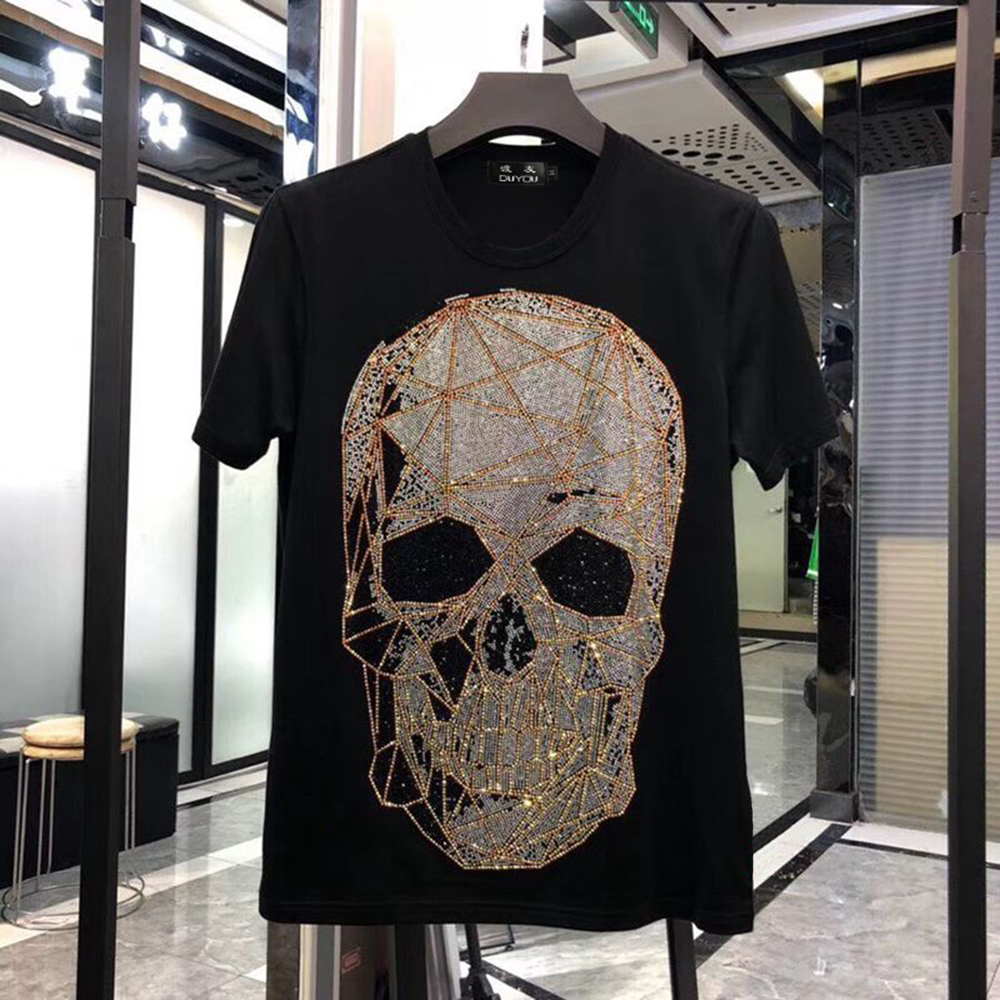 

Mens Designer Shirts Men Short Sleeve Fashion Rhinestone Big Mesh Skull Man T-shirt Male High Quality 100% Cotton Tees X7op, Black