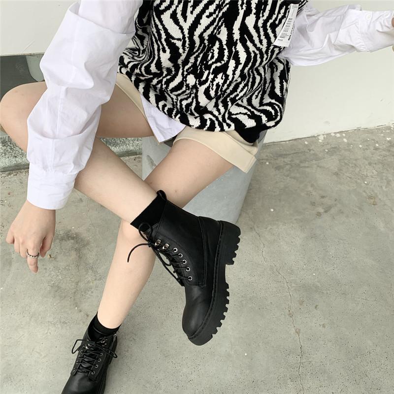 

YMECHIC Side Zipper Platform Botas Ladies Chunky Motorcycle Boots for Women Cross-tied Ankle Femmes Bottes Winter 2021 Free Ship1, Black