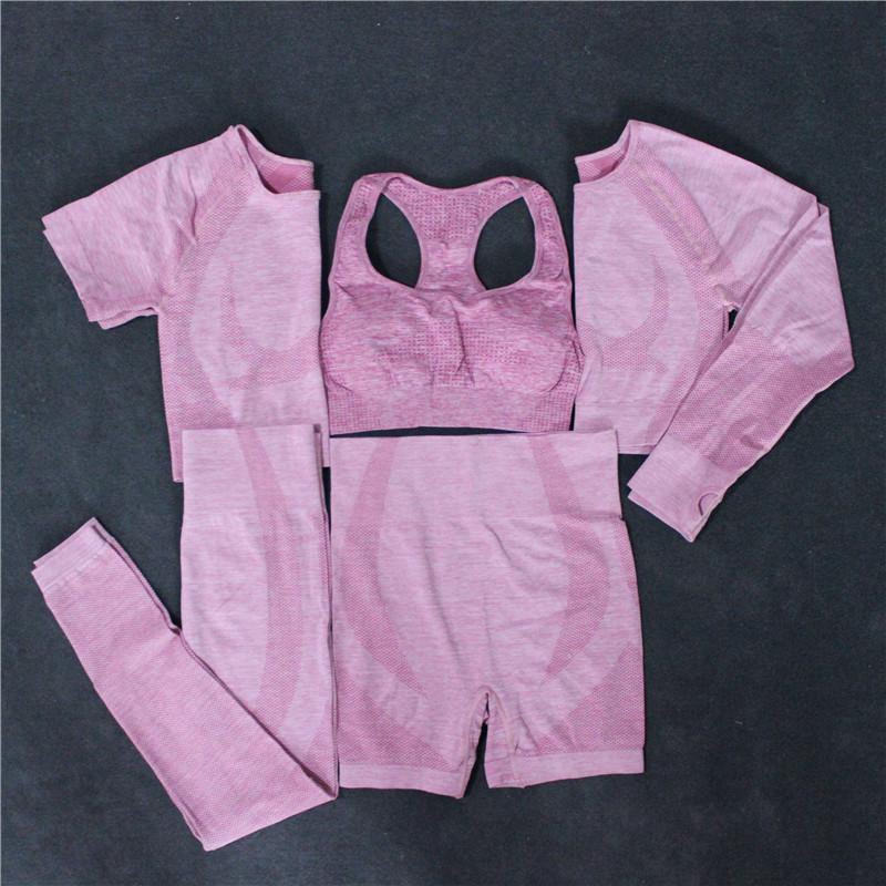 

2/3/5PCS Seamless Women Yoga Set Sportswear Gym Set Workout Clothes Fitness Long Sleeve Crop Top High Waist Leggings Sports Suit, Wine red 2 short set