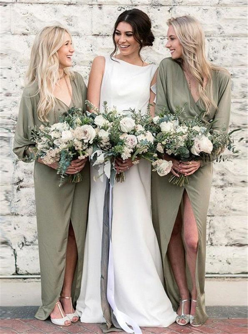

Summer Bohemian Chiffon Bridesmaid Dresses A Line Long Sleeve V Neck Front Split Summer Garden Boho Country Wedding Guest Dress Plus Size BC11321