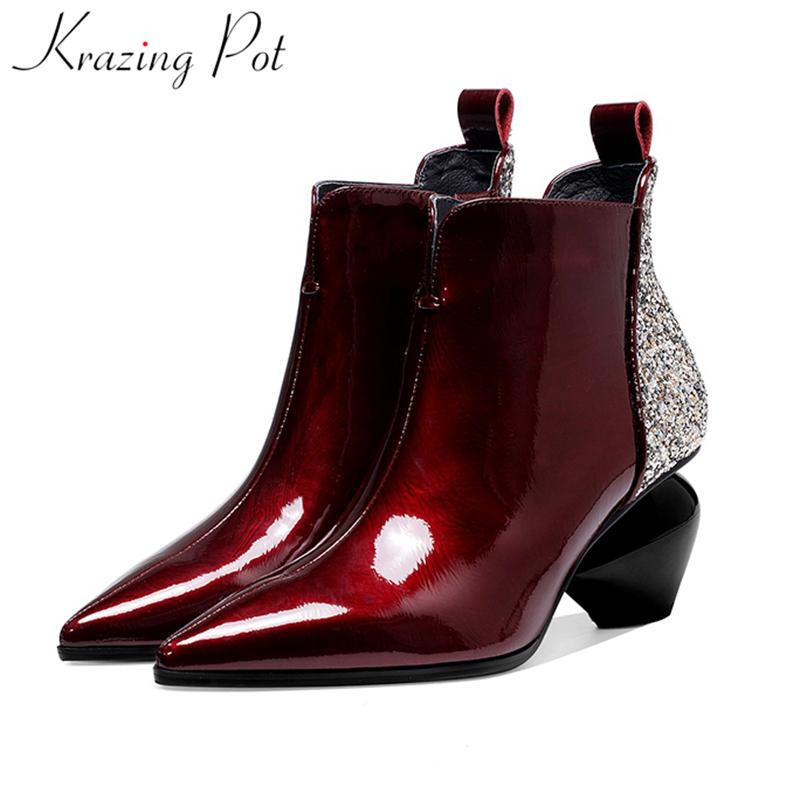 

Krazing pot 2020 plus size cow leather pointed toe strange style bling zipper sweet winter shoes office lady ankle boots L2f1, Gray