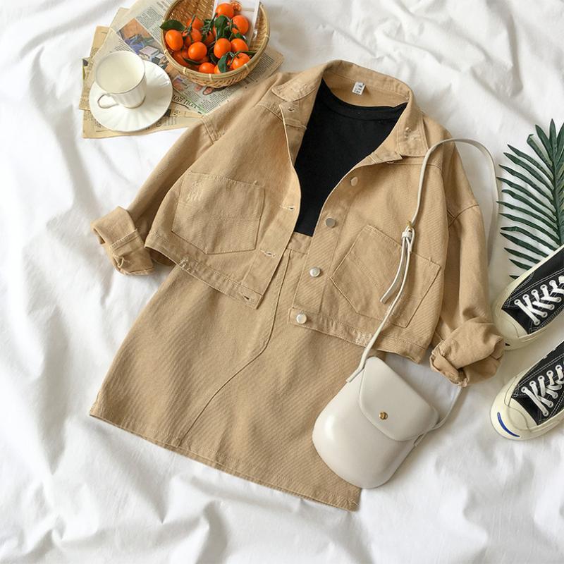 

TYHRU Summer Women Solid Color Single Breasted High Waist Long Sleeve Tops A-line Skirt 2 Piece Set, Khaki