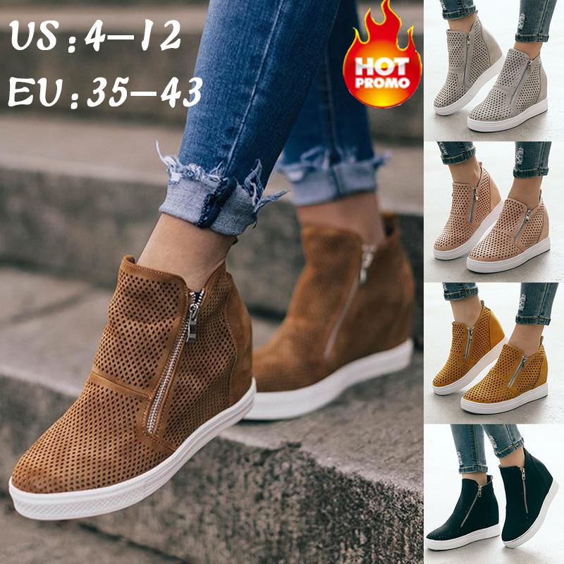

Women PU Leather Sneakers Spring Autumn Female Vulcanizate Shoes Platform Casual Flat Shoes Lady High-tops Wedge Heel Sneakers, Black 1