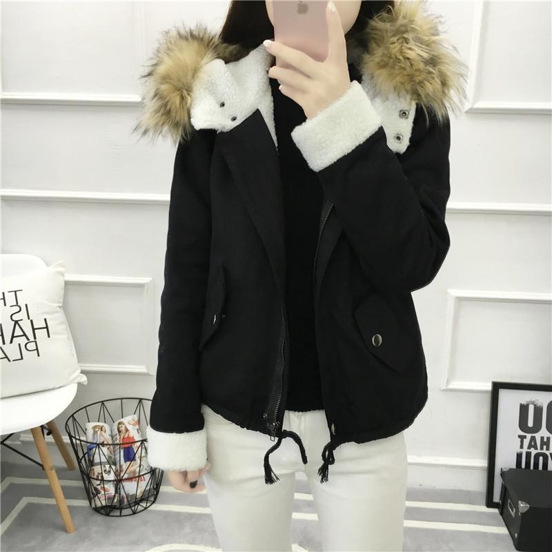 

Fur Collar Slim Women Jacket Fashion Trend Zipper Hooded Collar Woolen Short Coat Designer Winter Female New Loose Casual Thicken Outerwear, Black