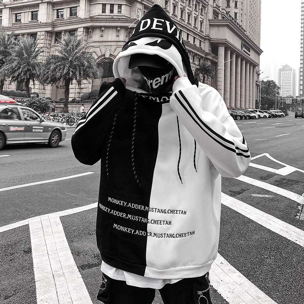 

Black Red Letter embroidery color matching double hood sweater bf Harajuku loose casual pullover couple hoodies streetwear size S