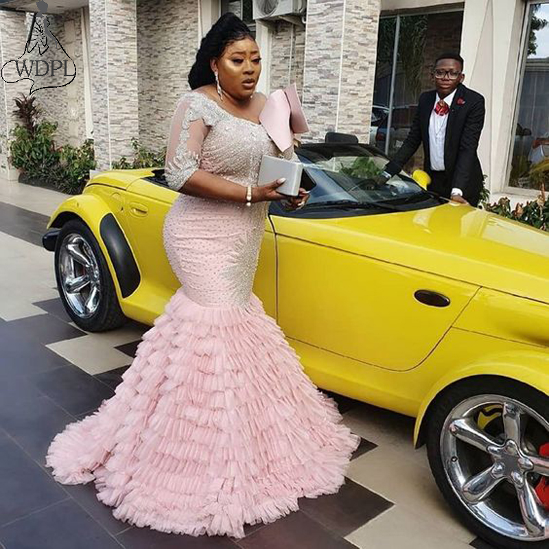 

Plus Size African Women Mermaid Prom Dresses Glitter Beads Tiered Tulle Skirt 2019 Evening Dress Half Sleeve Gown Robe de soiree, Gray