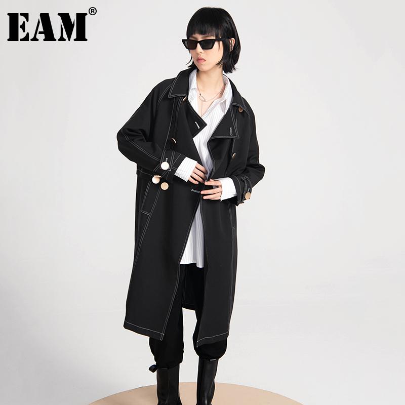 

EAM] Women Black Line Split Big Size Long Trench New Lapel Long Sleeve Loose Fit Windbreaker Fashion Spring Autumn 2020 1DA7170