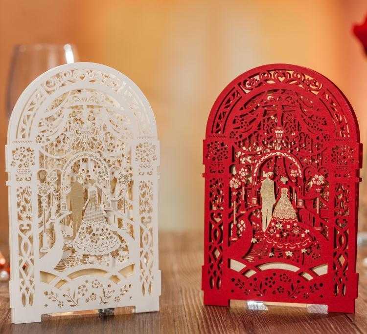 

20pcs Wishmade Red Laser Cut Wedding Invitations With Bride and Groom Hollow Floral for Engagement Bridal Shower Party Invite