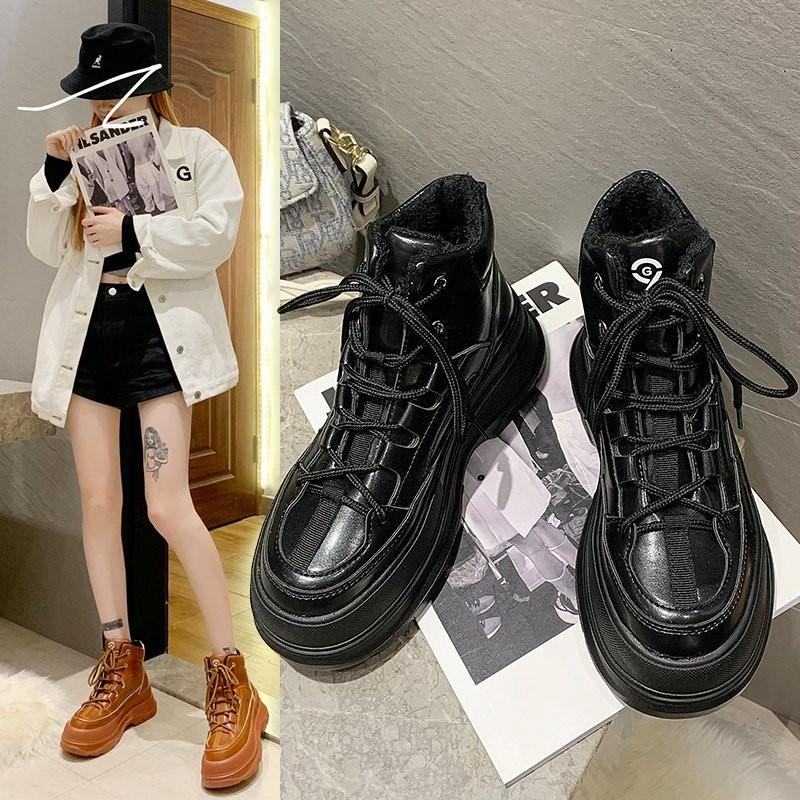 

Womens Boots 2021 New Boots for Women Warm Short Plush Round Toe Lace-Up Platform Shoes Winter Women Zapatos Para Mujer, Black