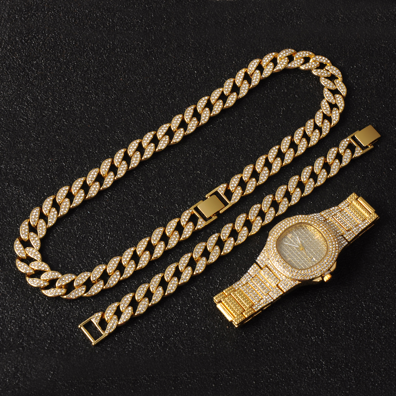 

Gold Hip Hop Miami Necklace Curb Cuban Chain Iced Out Paved Rhinestones CZ Bling Rapper Gold Necklaces watch Bracelet Jewelry For Men