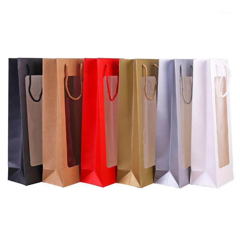 

300pcs/lot 8 Colors Kraft paper single red wine bag window transparent rectangular gift bag flower tote 12.5cmx8.5cmx35cm1