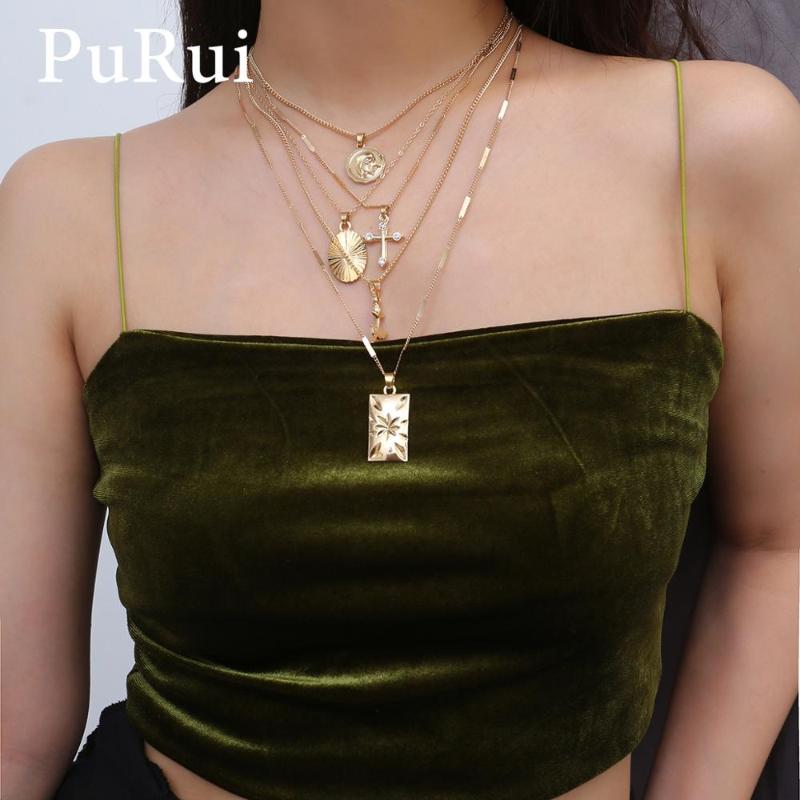 

PuRui 5 PCS Multi Layered Choker Necklace Set Gold Color Long Chain Necklace Cross Pendant for Women Statement Jewelry