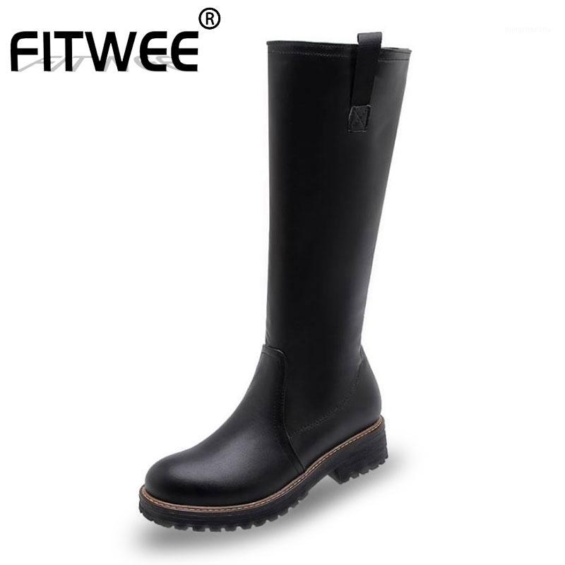 

FITWEE Classic Women Motorcycle Boots Side Zipper Round Toe Flats Knee High Boots Black Long Women Shoes Size 34-431