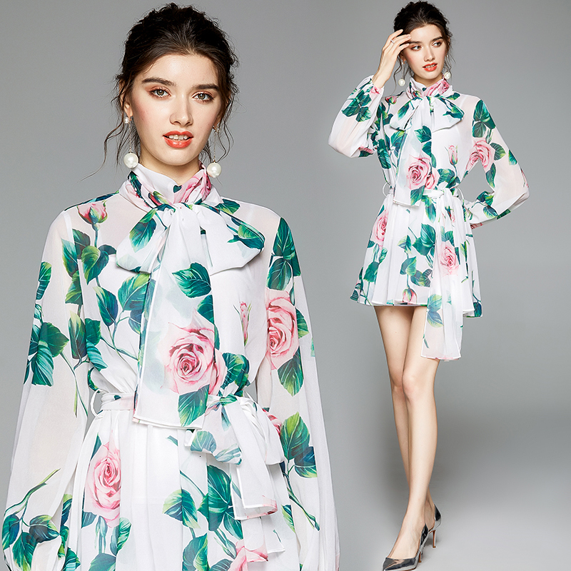 

2021 New Merchall Autumn Runway Mini Women Lantern Sleeve Bow Tie Collar Flower Print Belt Chiffon Holiday Beach Es 2jmf, White