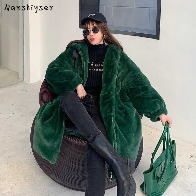 

Long Thicken Loose Hooded Faux Fur Coat Women Drawstring Waist Lace up New 2020 Winter Soft Plush Warm Outerwear Female, Green