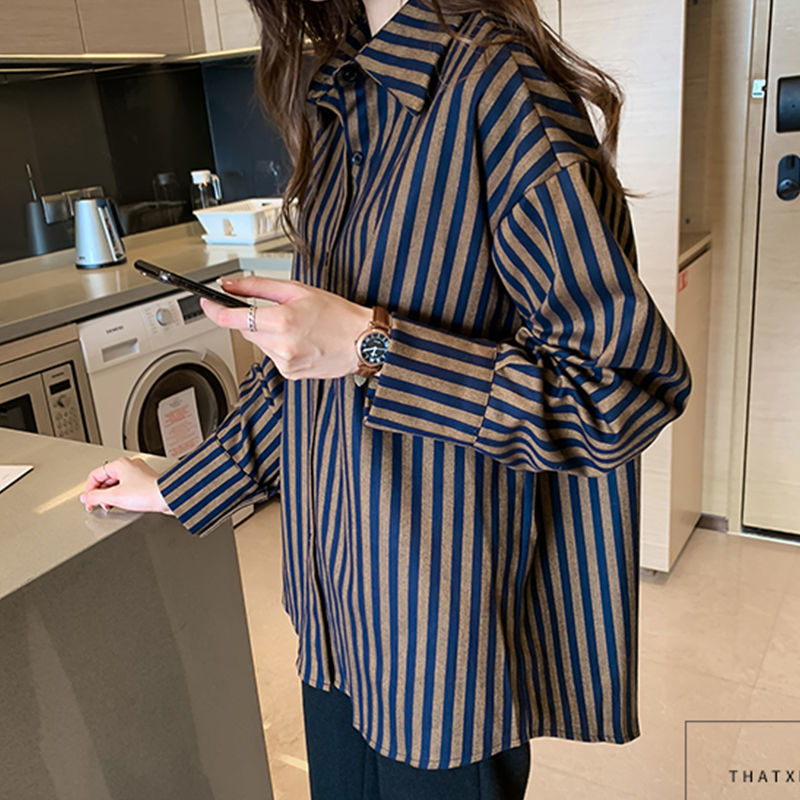 

2021 Women's Striped Spring New All-match Shirts Popular Long Sleeves Loose Student Basic Stylish Korean Style Simple 6O35, Multi
