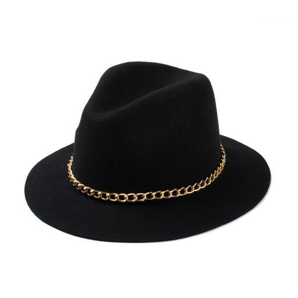 

Stingy Brim Hats 2021 Fashionable Women 100% Wool Black Burgundy Red Fedora Hat With Gold Chain For Ladies1