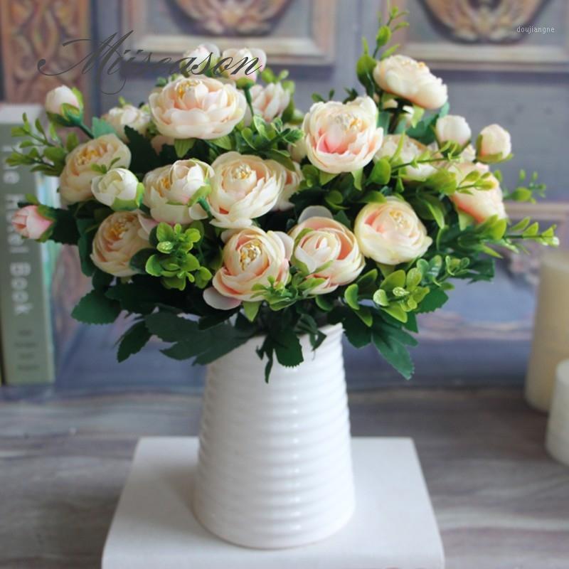 

6 Branches Vivid Fake Peony Flower Silk Flower Autumn Artificial Flowers Wedding Home Party Decoration 9 flowers European rose1, White