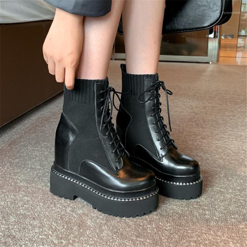 

PXELENA 2021 Autumn Women Punk Rock Gothic Boots Lace Up Genuine Leather+Knitting Creepers Hidden Wedge High Heels Shoes 34-411, Black