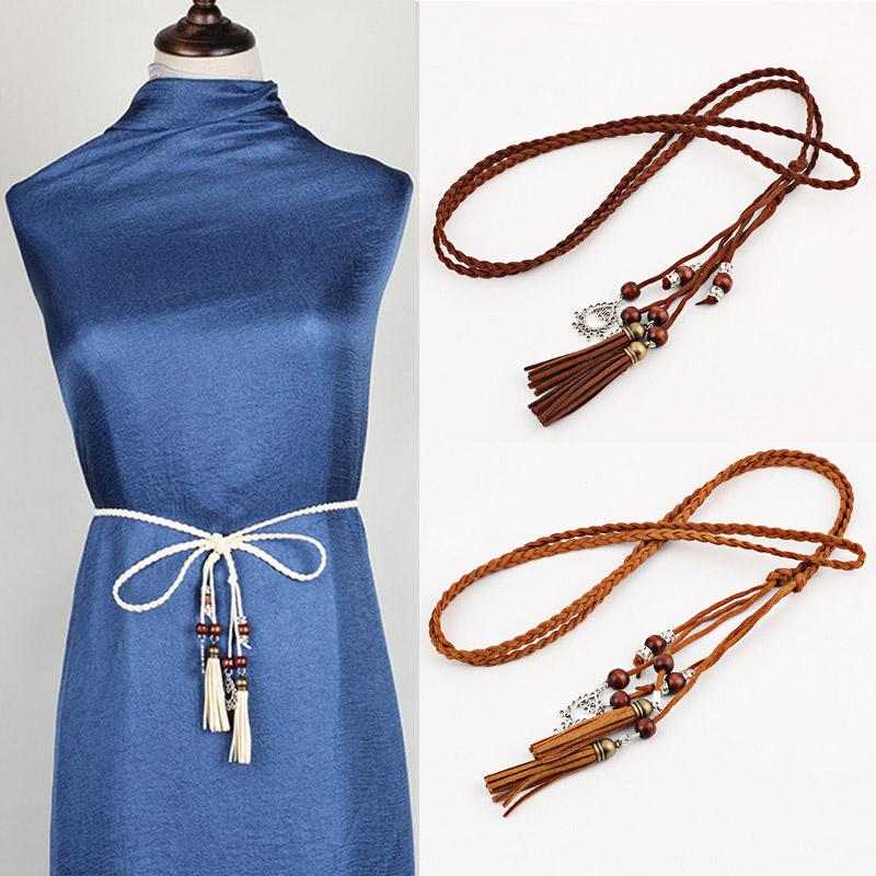 

New Women Hand woven Leather Waist Rope Female Tassel Pendant Long Belt Designer Fashion Clothes Dress Decoration Accessories, Black