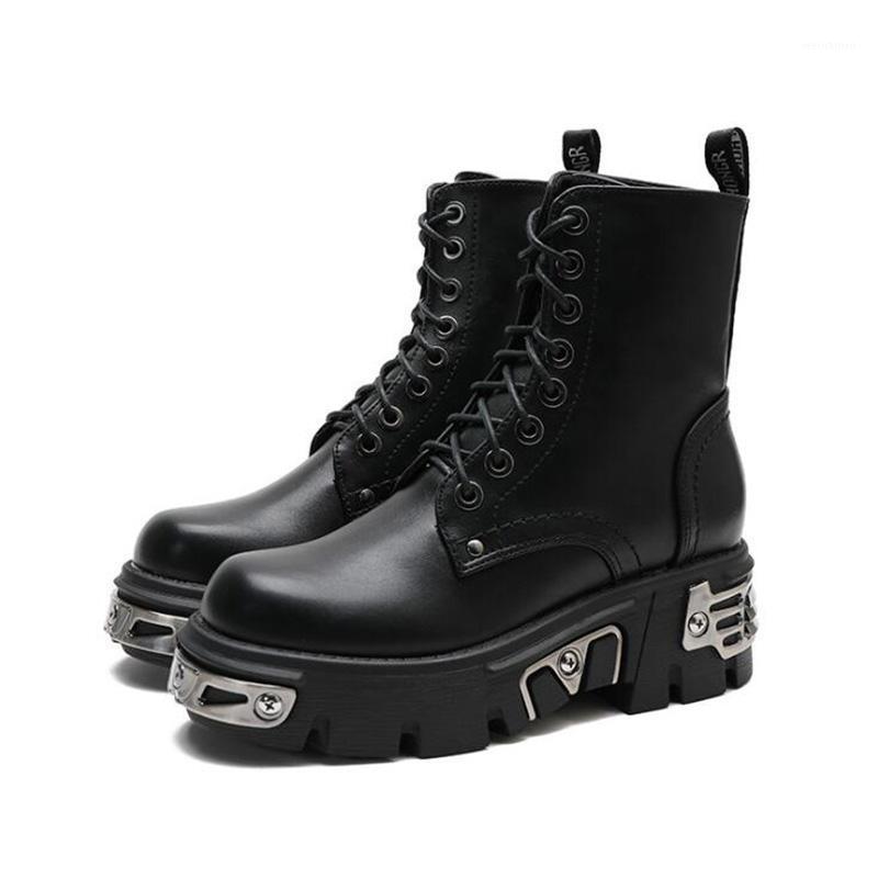 

NEW Leather Ankle Boots For Women Motorcycle Boots Women's Platform Thick Heel Winter Shoes Booties Metal decoratio1, Black