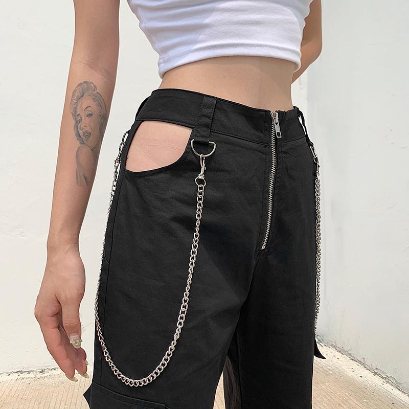 

Women' High Waist Jeans Hollow Metal Chain Overalls Loose Casual Street Straight Leg Pants Boyfriend Jeans Female Autumn 2020, Black