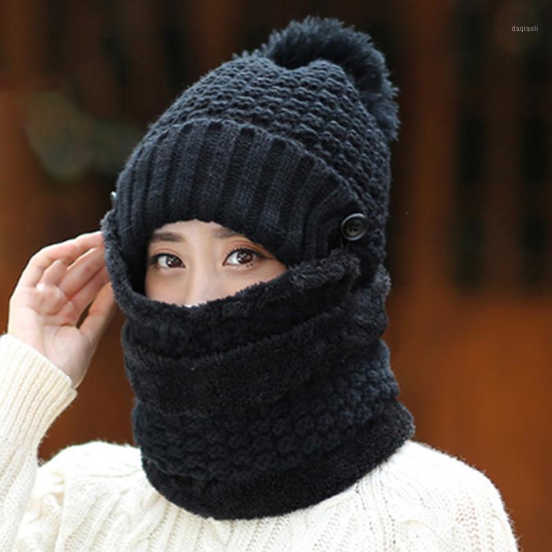 

3 Pcs/Set Women Winter Hats With Breathing Mask 2in1 Knitted Cap Girl Pompoms Hat Plush Warm Lined Neck Scarf1, Beige