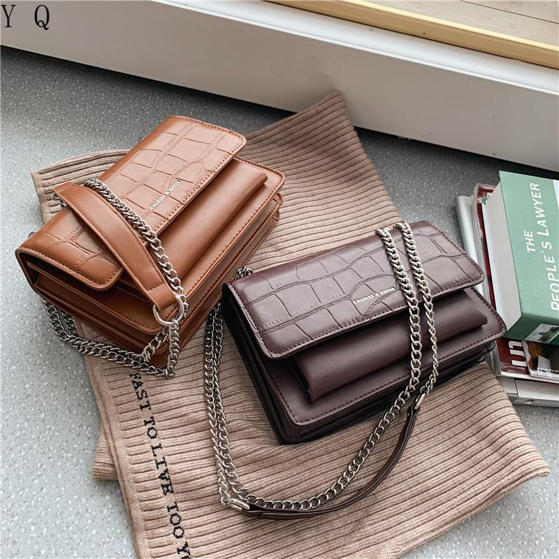 

2021 winter new chain bag ladies shoulder bag fashion casual small square stone grain messenger women, Black