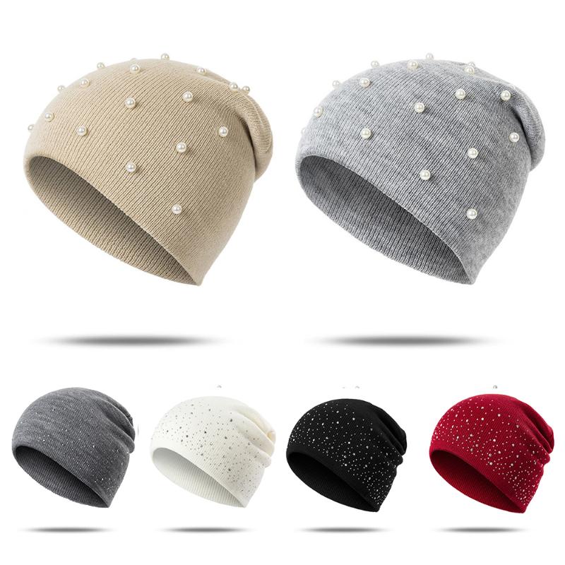 

2020 Winter Beanies Hat For Women Girls Fashion Rhinestone Gypsophila Pearl Beanies Caps Soft Ladies Caps Gorros Mujer Invierno