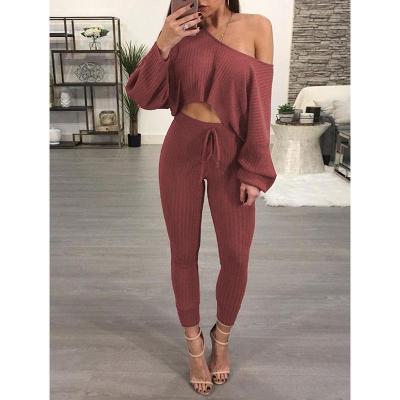 

2020 Autumn and winter new popular solid color horizontal neck long sleeve casual women suit plus size 2 piece set women, Red