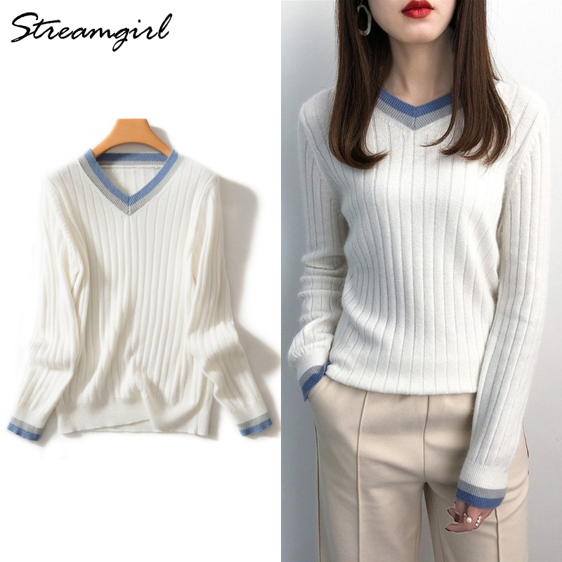 

Cashmere Sweaters For Women Autumn Sweater Winter White Vintage V-neck Stripe Jumper Cashmere Sweater Women' Jumper Knitwear 201017, Beige