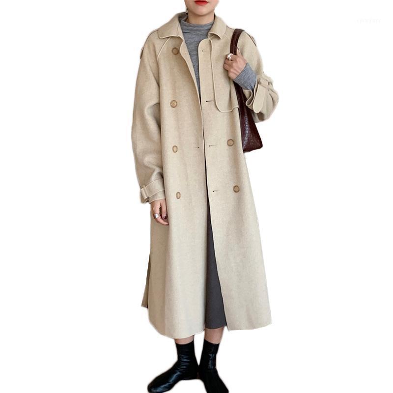 

2020 Autumn Winter Women Woolen Coats Elegant Female Double Breasted Long Warm Cashmere Coat Outwear Oversize Sashes WJ1501, Brown