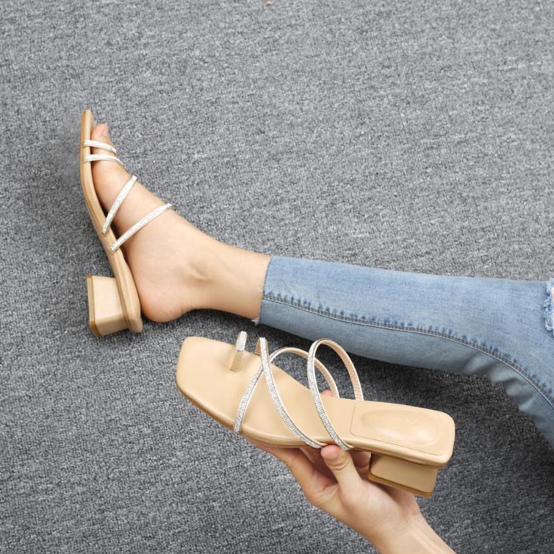 

For New style summer sandals and slippers women 2021 casual rhinestone chic fairy style two-wear mid-heel open toe, Khaki